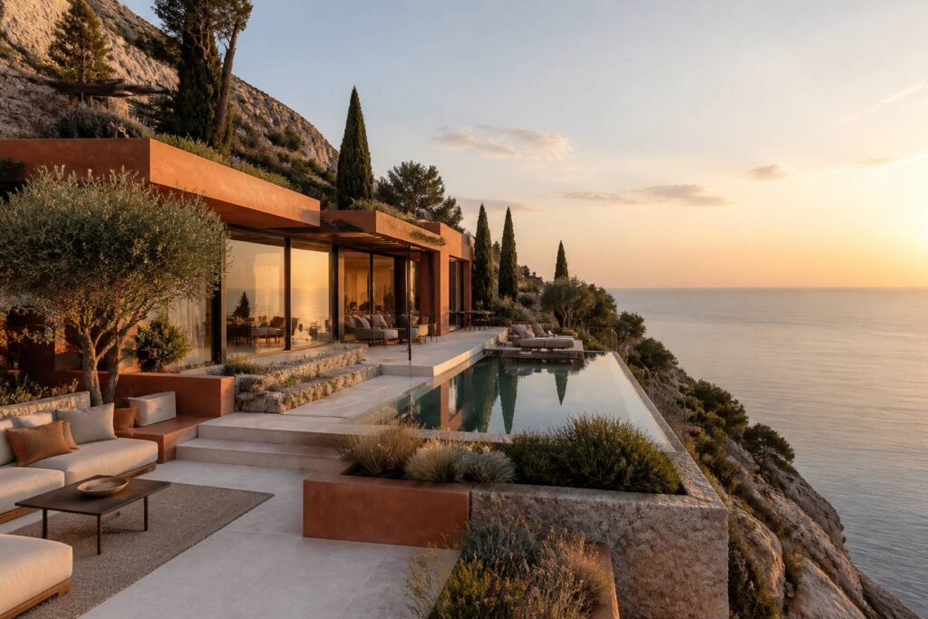 Villa moderne de luxe avec piscine à débordement face à la mer