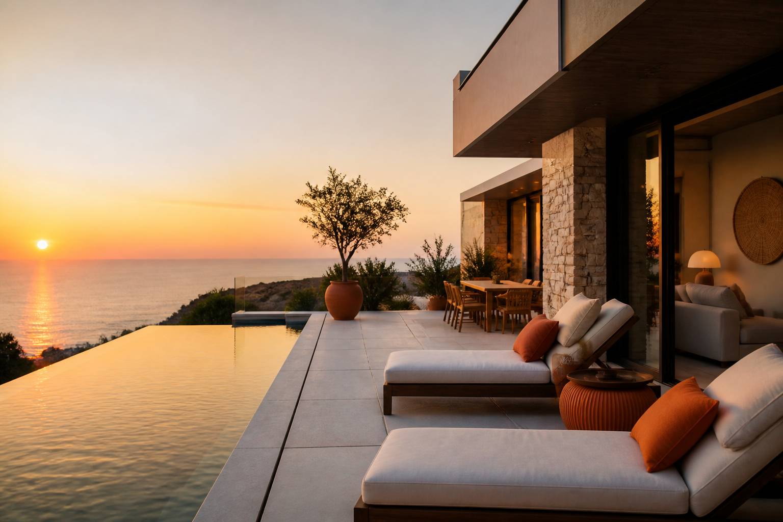Terrasse de villa de luxe avec transats face à la mer au coucher du soleil