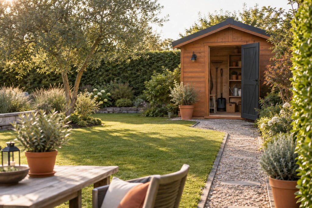 Abri de jardin en bois au fond d'une pelouse avec outils rangés, scène extérieure de prévention des rongeurs