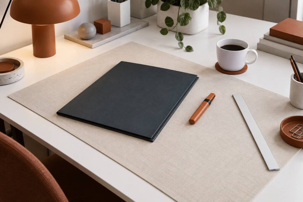 Bureau technique avec chemise fermee, surligneur et regle