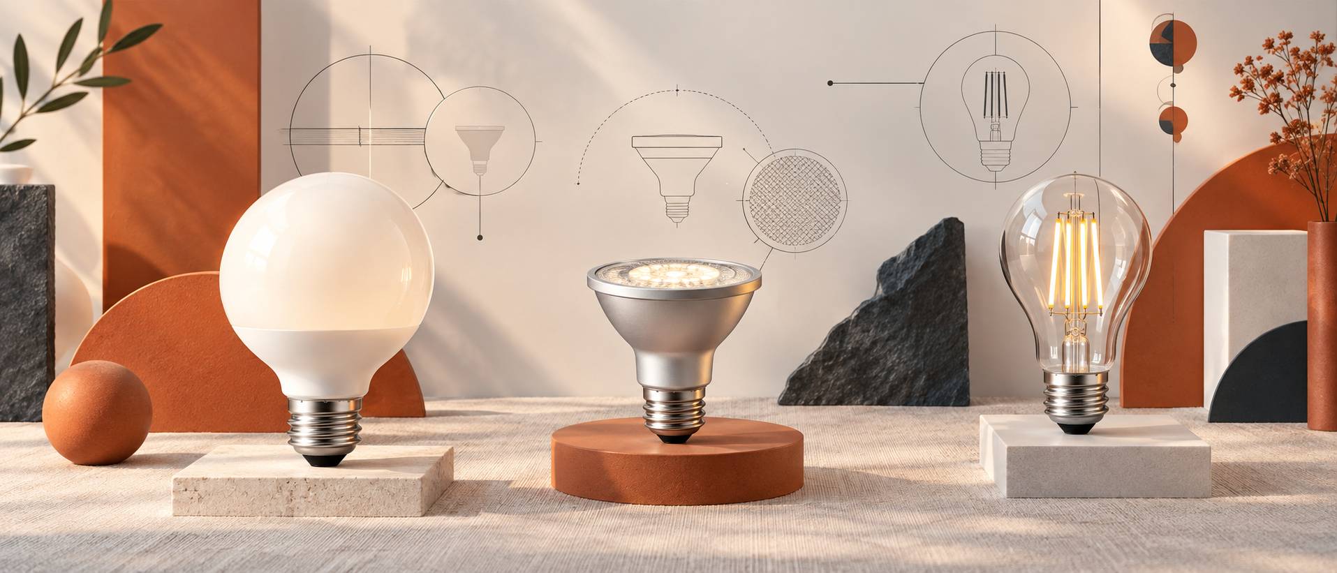 Ampoules LED de formes différentes posées debout sur un plan de travail