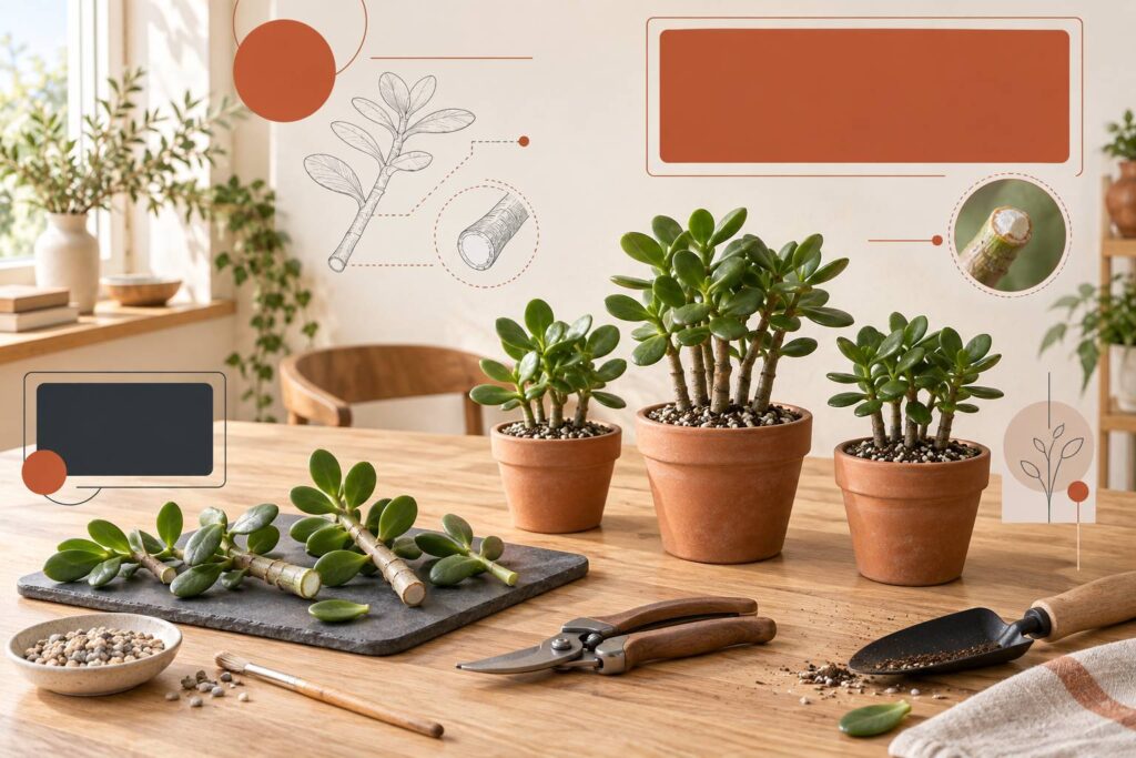 Illustration éditoriale du sujet : Arbre de jade : les techniques indispensables pour bouturer une branche et créer une véritable mini-forêt