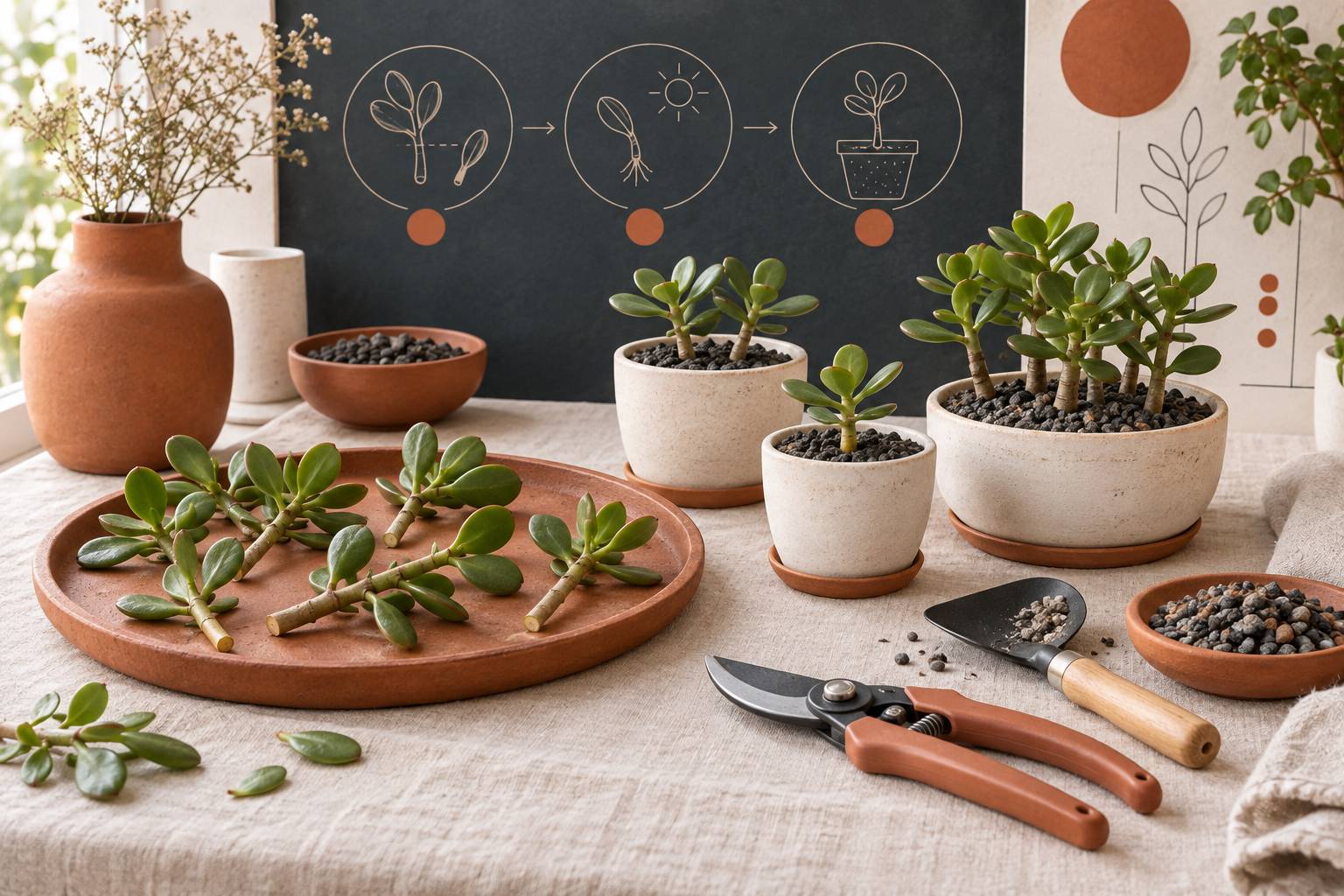 Illustration éditoriale du sujet : Arbre de jade : les techniques indispensables pour bouturer une branche et créer une véritable mini-forêt