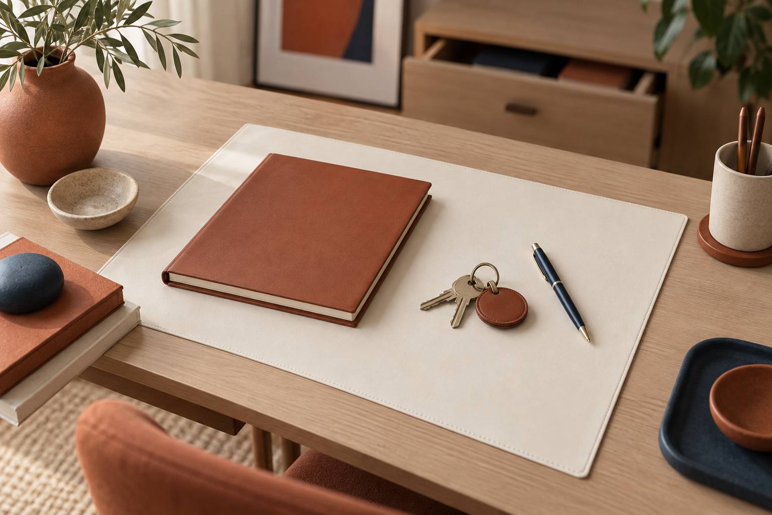 Parapheur ferme et cles de local sur un bureau avec lampe discrete