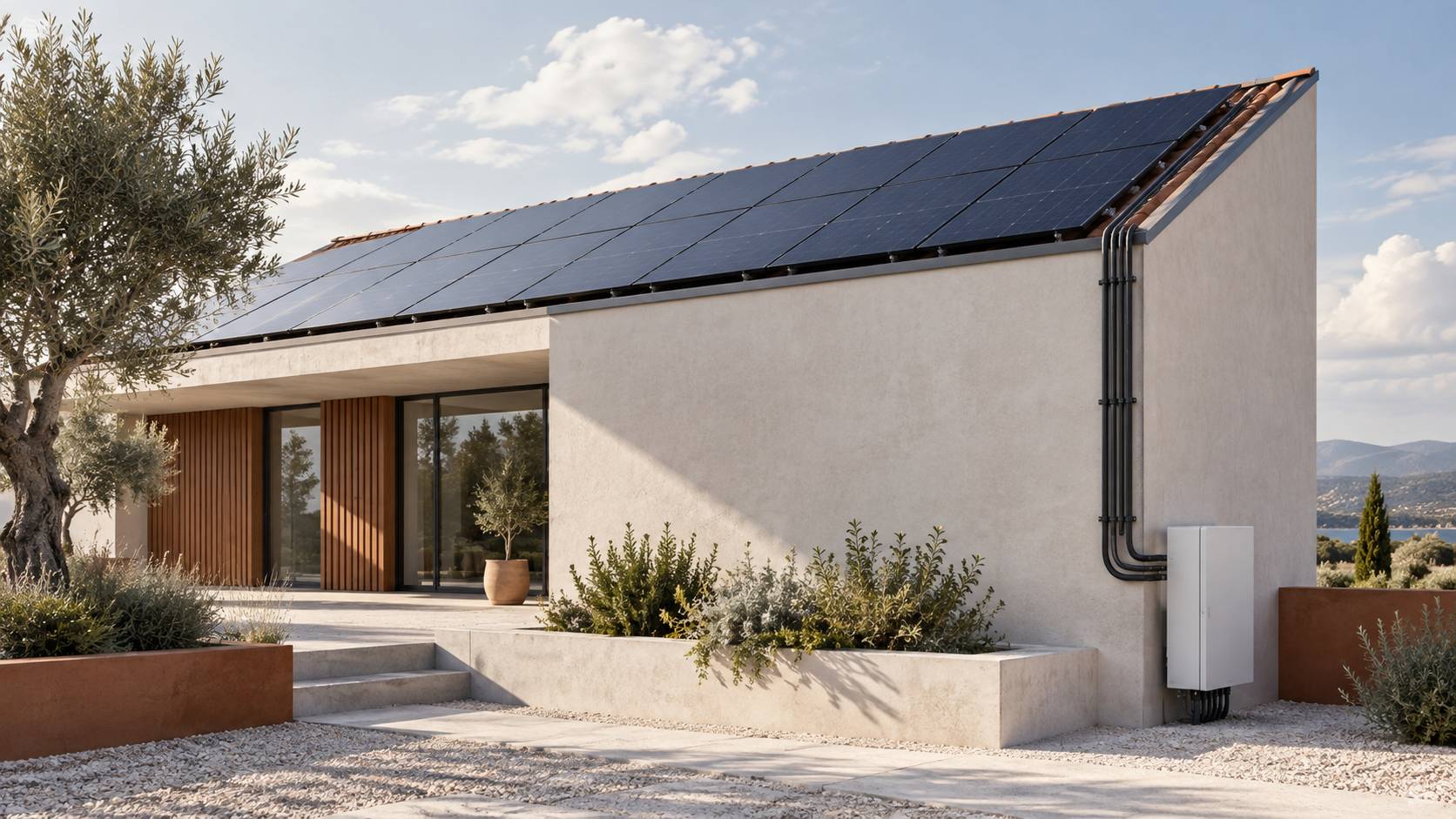Panneaux solaires en toiture avec câblage vers une armoire technique