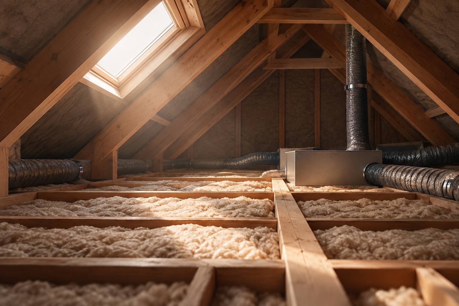 Gaines de ventilation souples et plénum posés entre des solives de comble