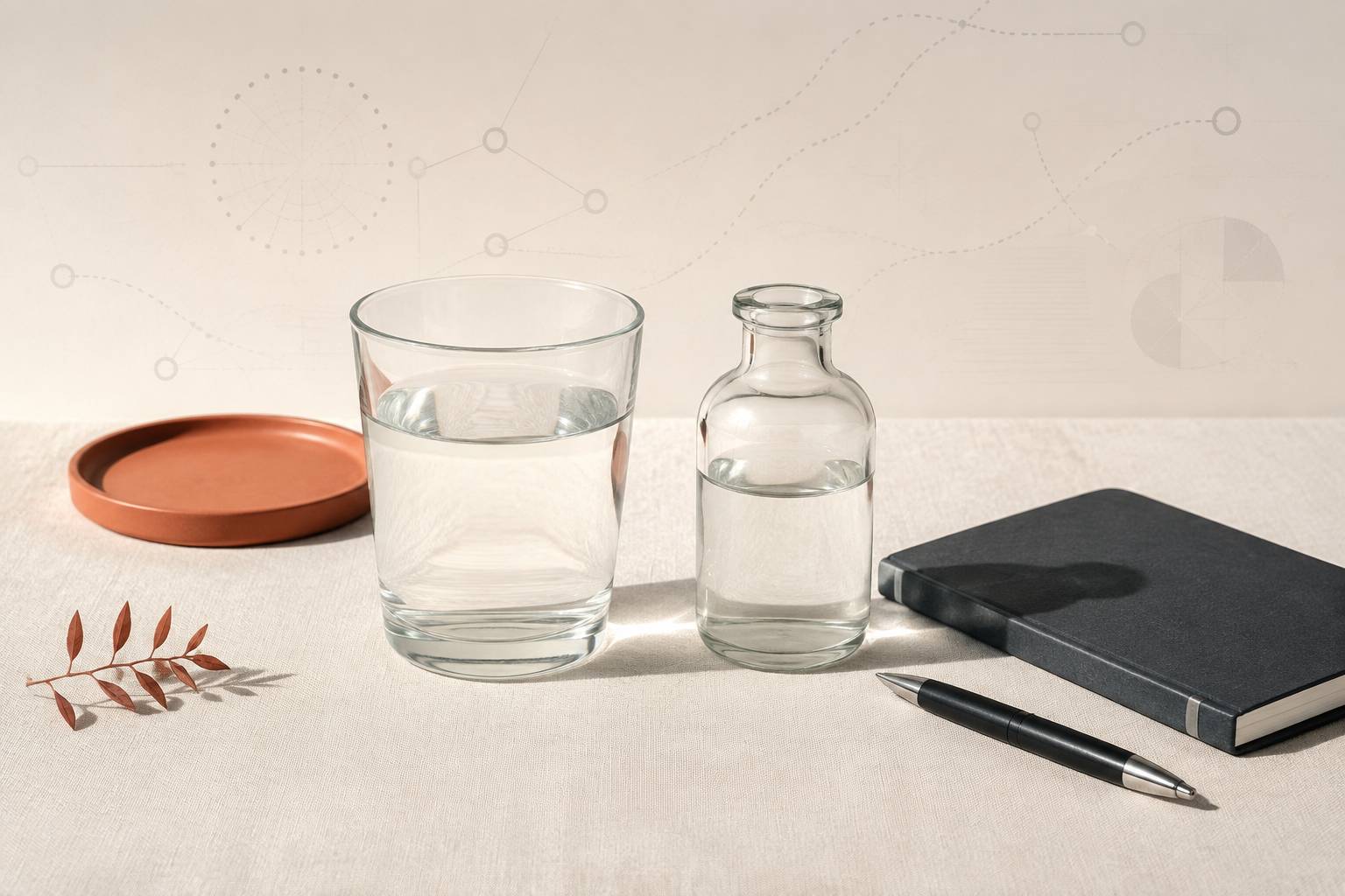 Flacon de prélèvement et verre d'eau claire posés sur un plateau en lin pour le contrôle de l'eau potable