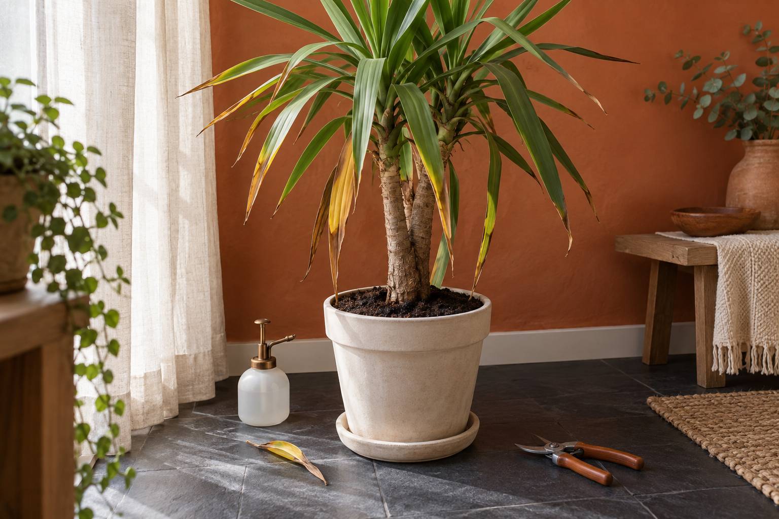Illustration éditoriale du sujet : Découvrez les maladies du yucca en images : guide complet pour reconnaître et soigner