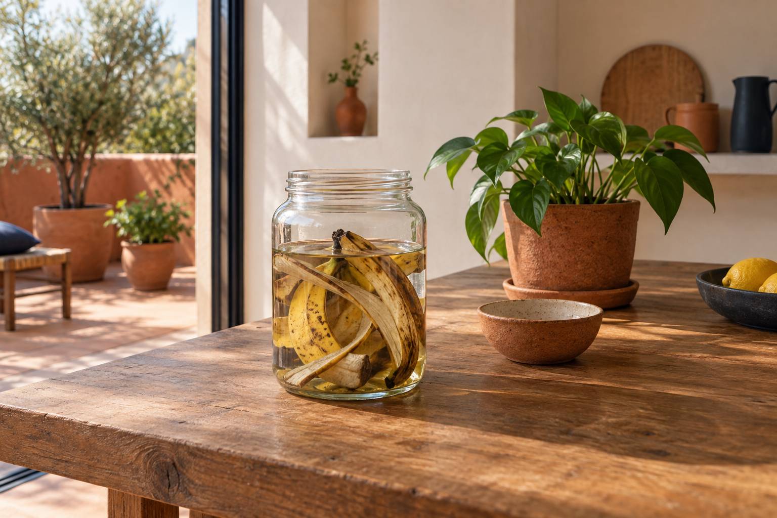 Peaux de banane dans un bocal d'eau sur un plan de travail