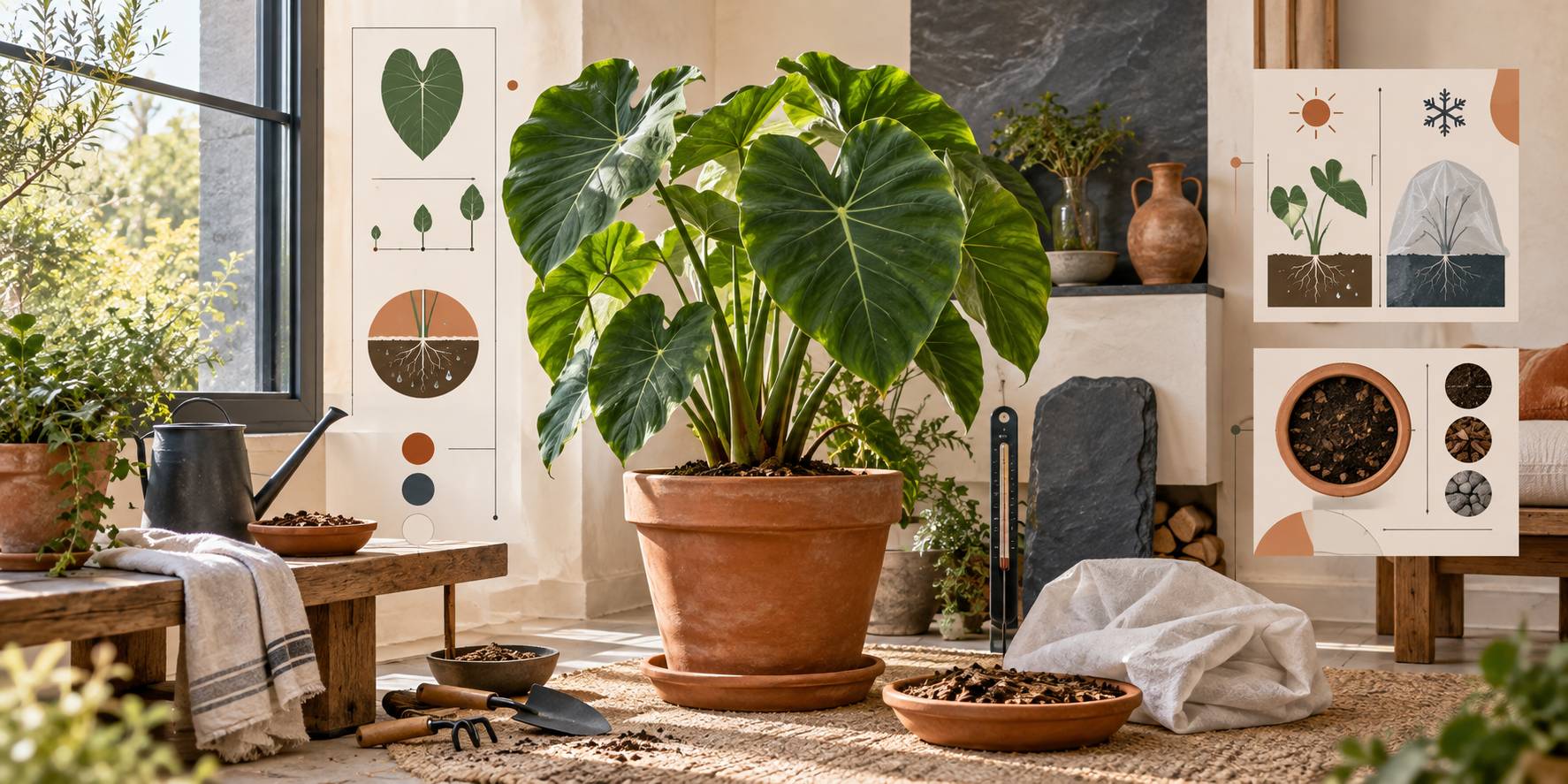 Illustration éditoriale du sujet : Guide complet pour planter et cultiver le taro avec succès