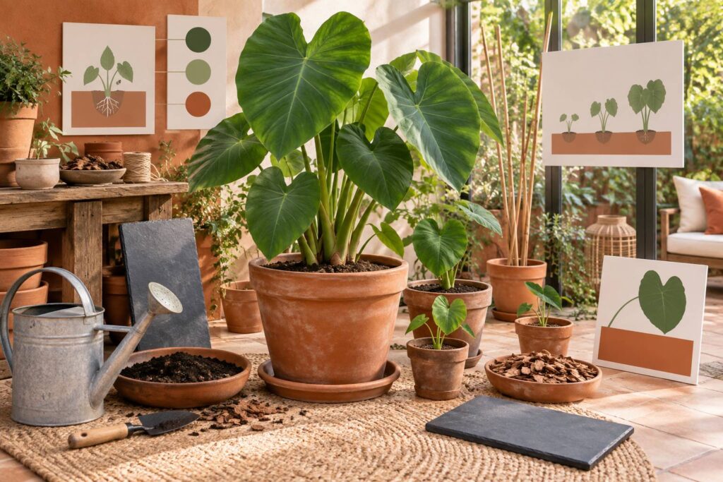 Illustration éditoriale du sujet : Guide complet pour planter et cultiver le taro avec succès