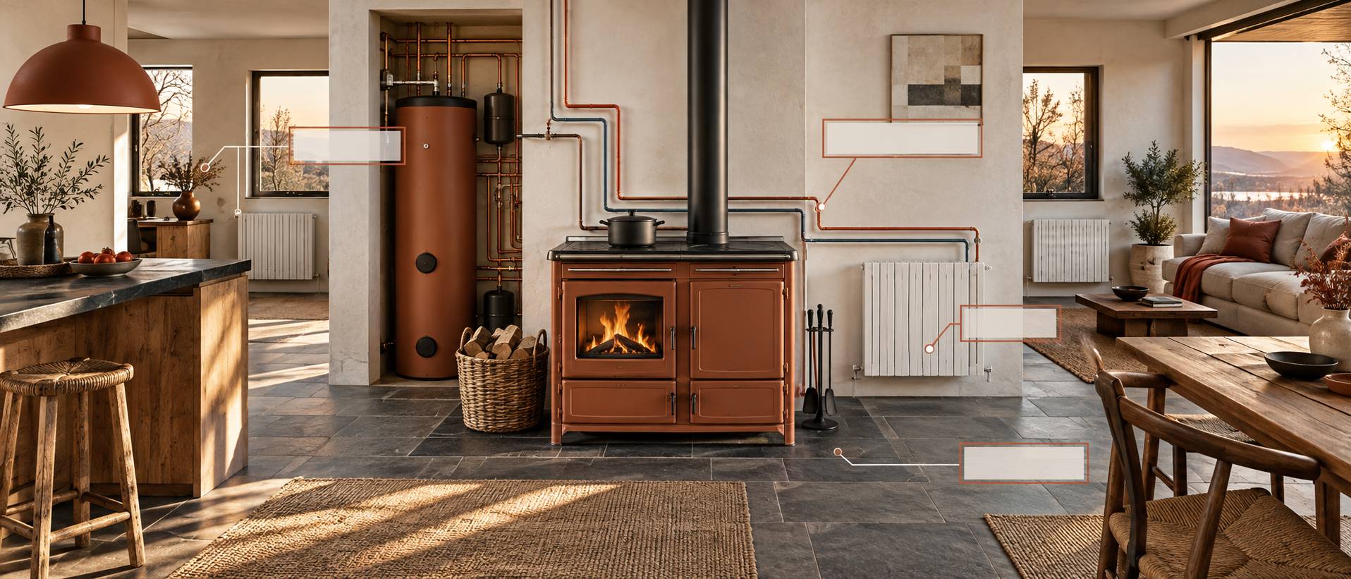 Illustration éditoriale du sujet : Guide complet sur la cuisinière à bois avec chauffage central : fonctionnement et avantages