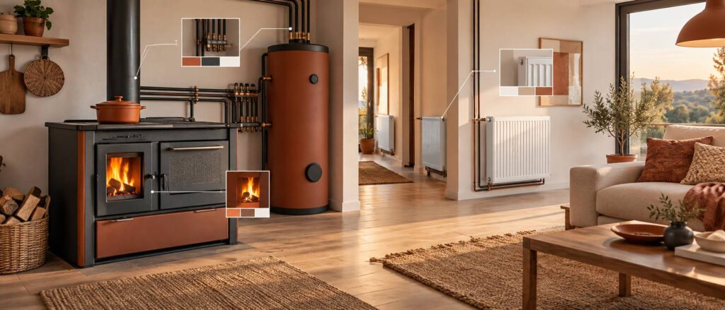 Illustration éditoriale du sujet : Guide complet sur la cuisinière à bois avec chauffage central : fonctionnement et avantages