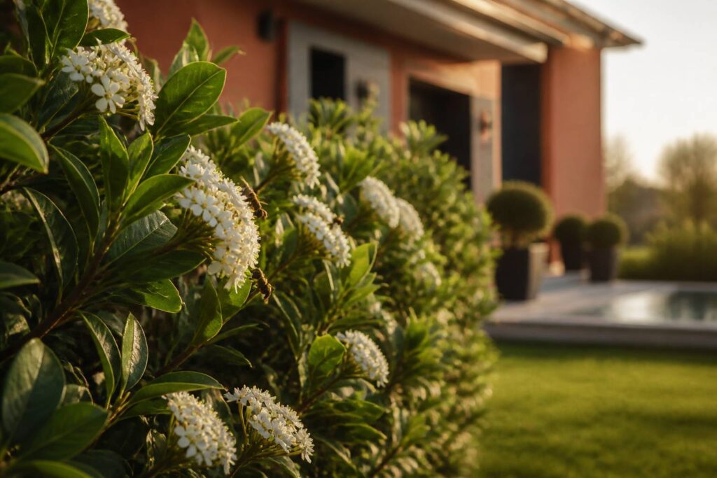 Haie vive de viburnum fleuri attirant les abeilles dans un jardin