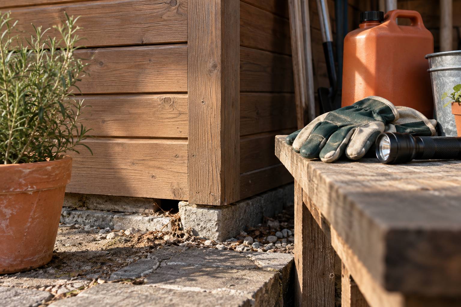 Coin d'abri de jardin avec interstice au sol, gants épais et lampe torche posés sur un établi