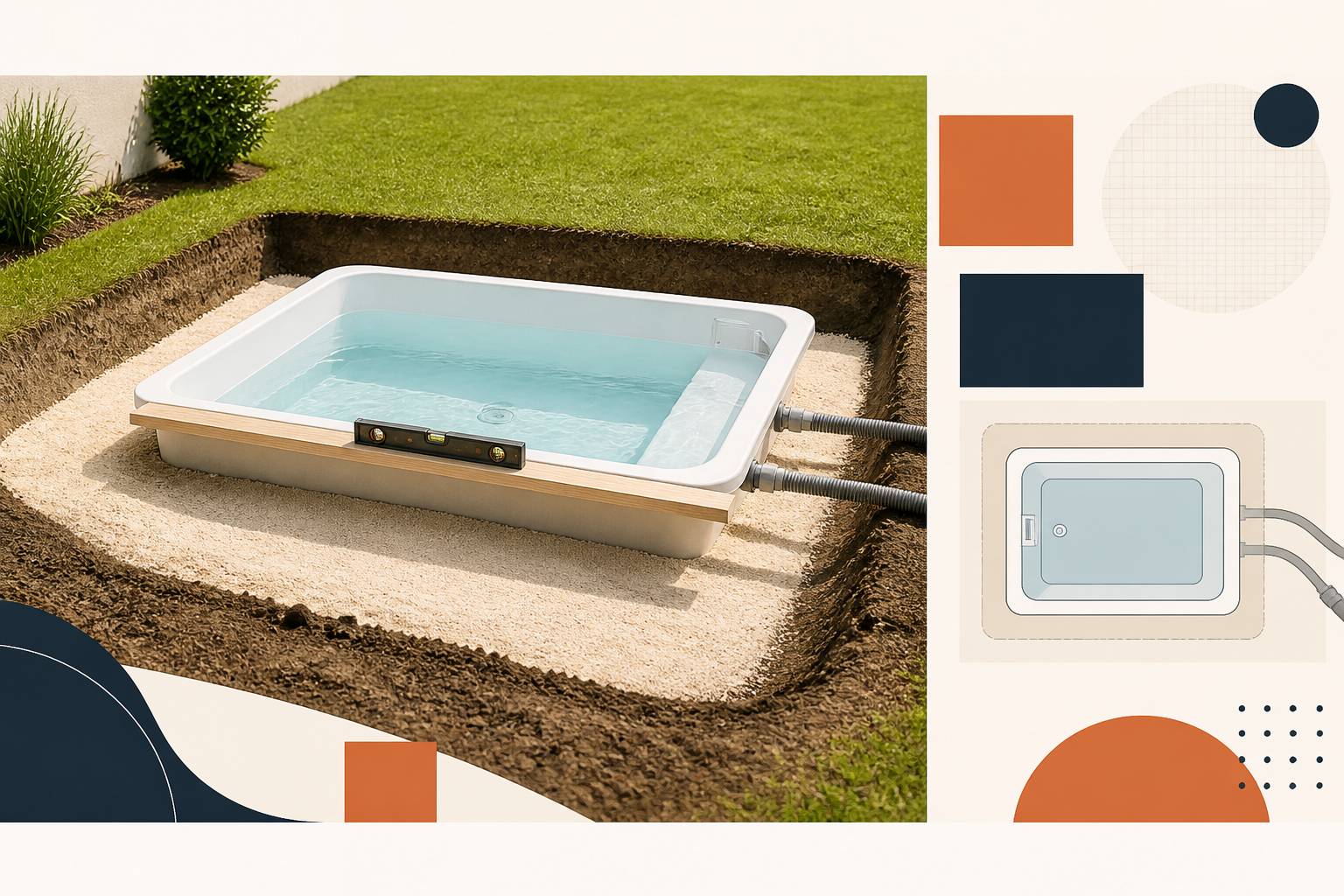 Bassin préformé de mini-piscine posé sur un lit de sable avec raccords de filtration