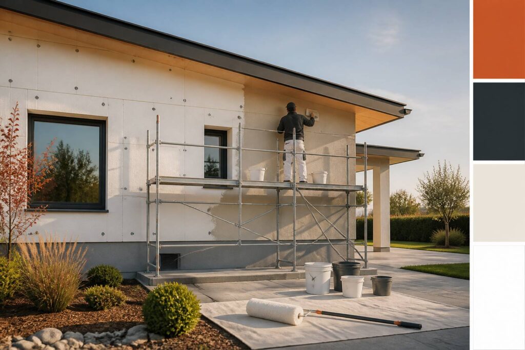 Maison en cours d'isolation par l'extérieur avec panneaux isolants et échafaudage