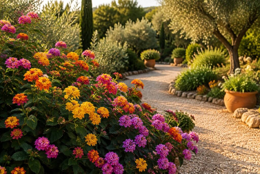 Massif de lantanas aux bouquets jaune-orange-rose dans un jardin ensoleillé