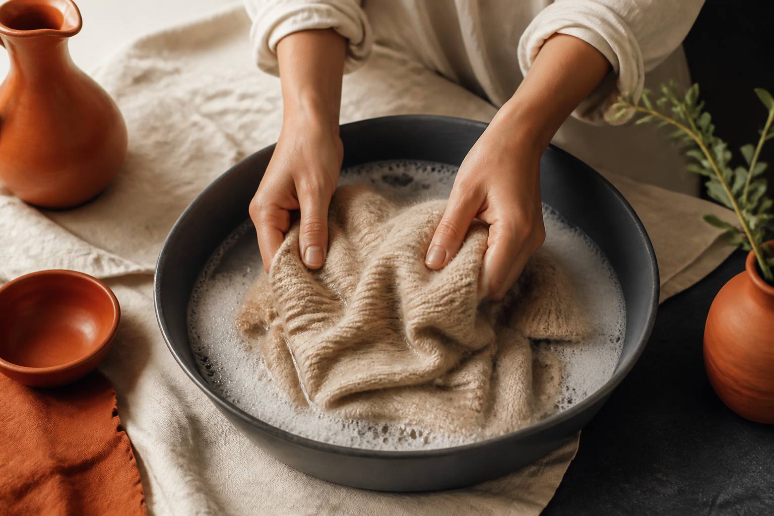 Mains lavant délicatement un pull en laine beige dans une bassine d'eau savonneuse