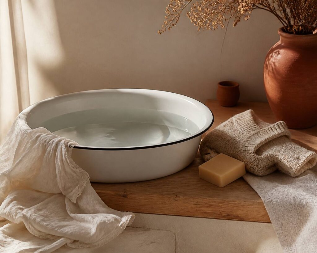 Bassine en émail d'eau tiède avec un pull beige lavé à la main et une serviette en lin clair