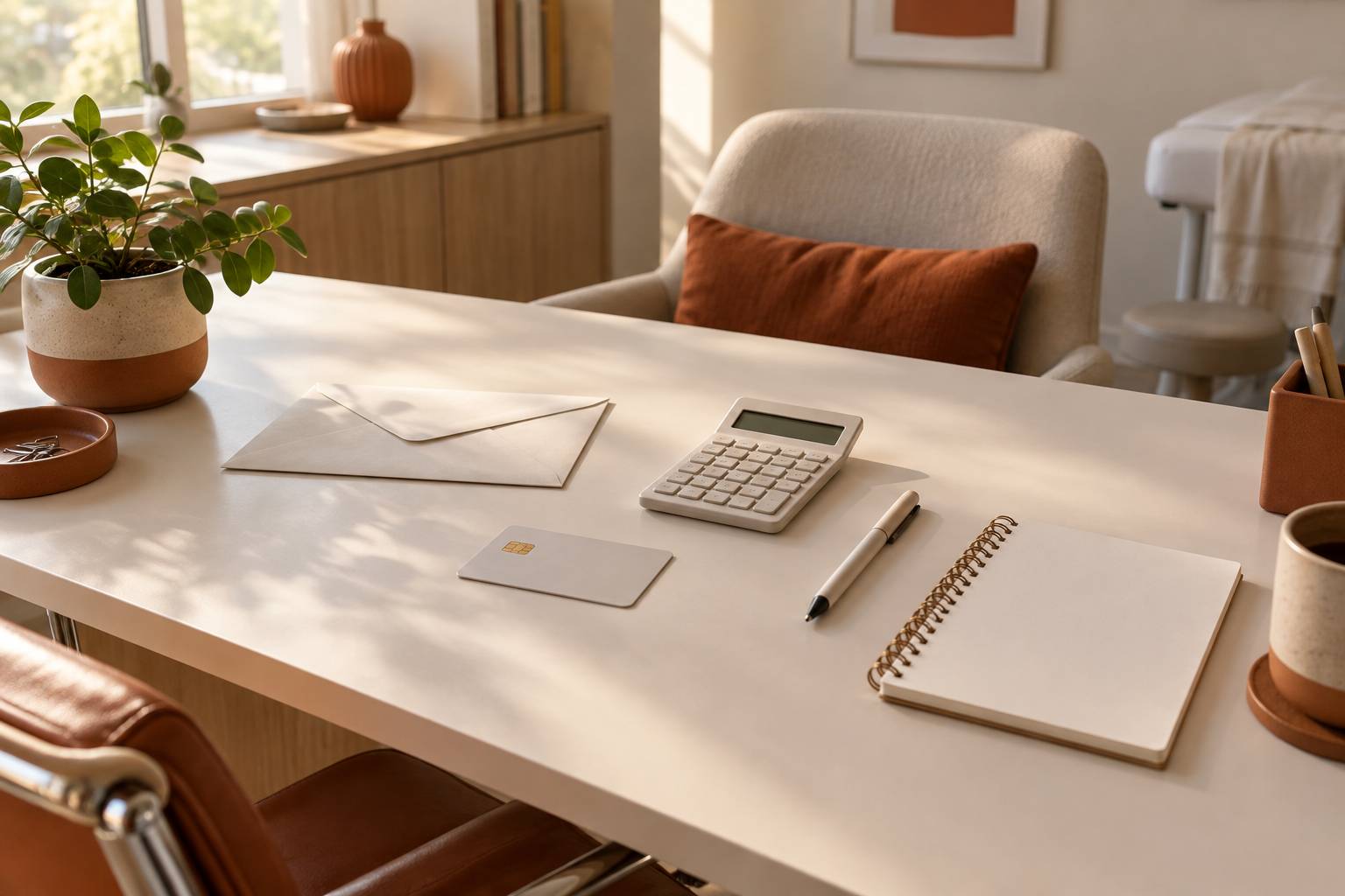 Bureau de cabinet avec carte posee face cachee, enveloppe fermee et bloc-notes