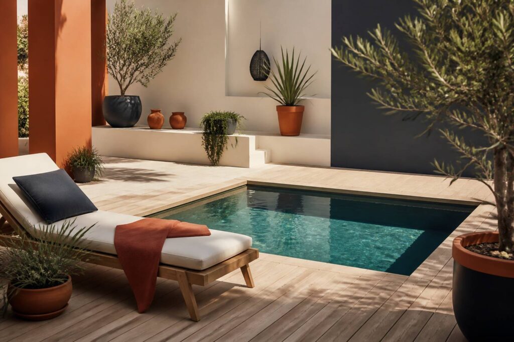Mini-piscine au design épuré bordée de bois installée dans un jardin d'été ensoleillé