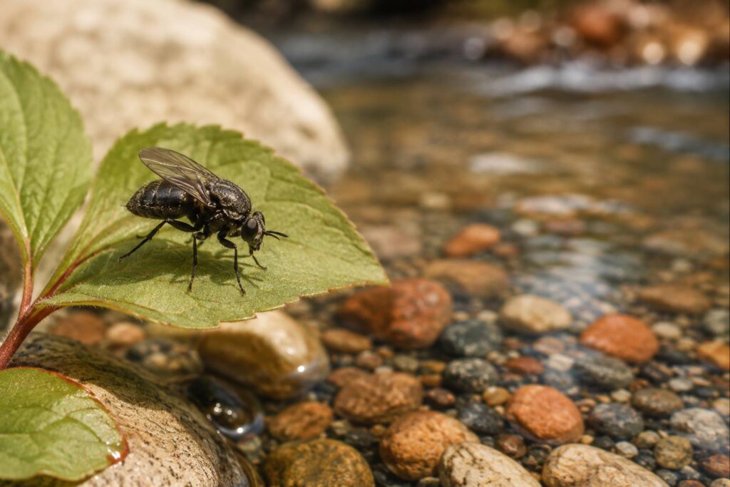 Petite mouche sombre posée sur une feuille au bord de l'eau