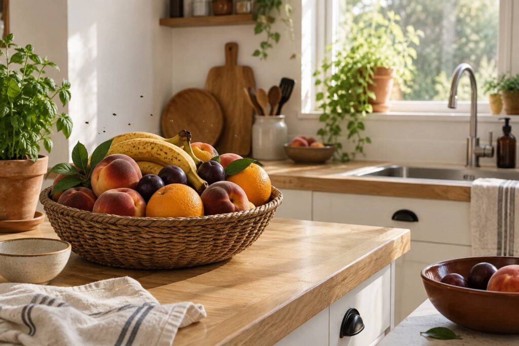 Cuisine claire avec corbeille de fruits et plantes, petits insectes en vol