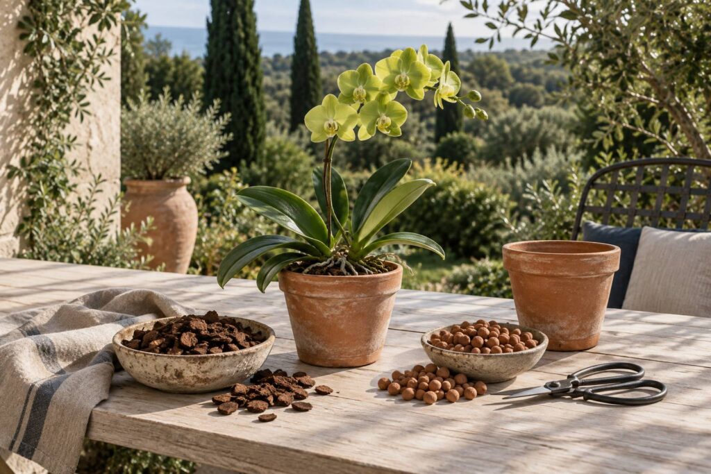 Orchidee en pot avec ecorces de pin et billes d'argile sur une table
