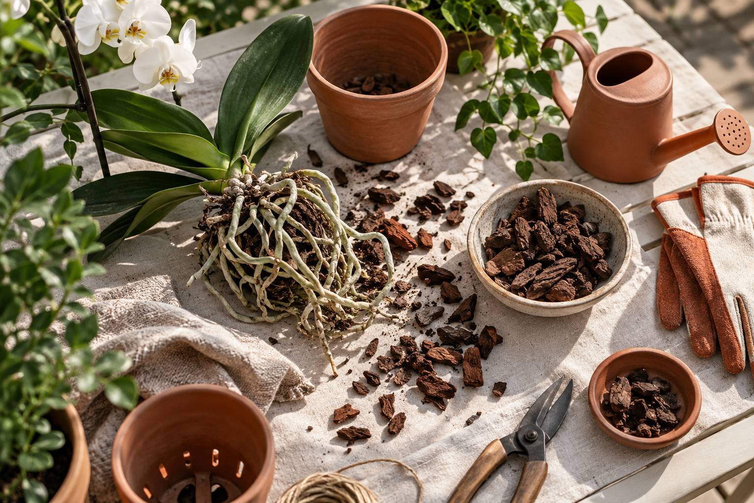 Racines d'orchidee et ecorces de pin sur un plan de travail