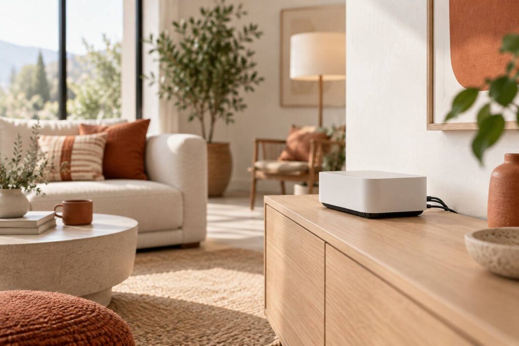 Box internet posee sur un meuble bas dans un salon lumineux avec cables ranges