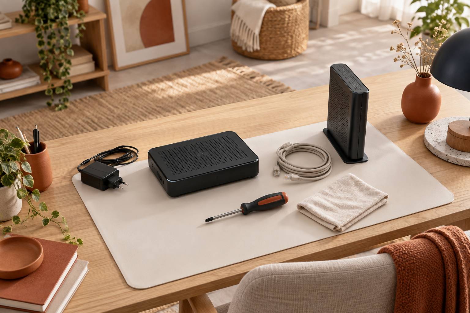 Box internet debranchee et cable reseau enroule sur un coin bureau