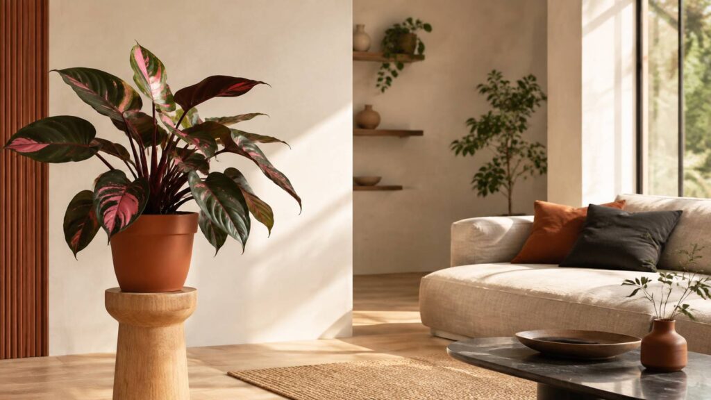 Philodendron Pink Princess au feuillage marbré de rose dans un salon lumineux