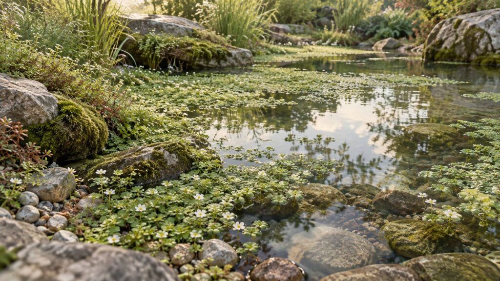 Tapis de plantes grasses aquatiques vertes affleurant l'eau claire d'un bassin de jardin