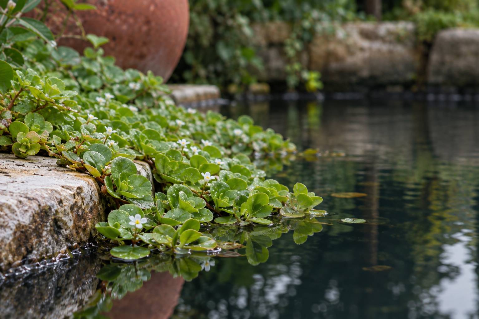 Détail d'un tapis de plantes grasses aquatiques à petites fleurs blanches sur l'eau d'un bassin