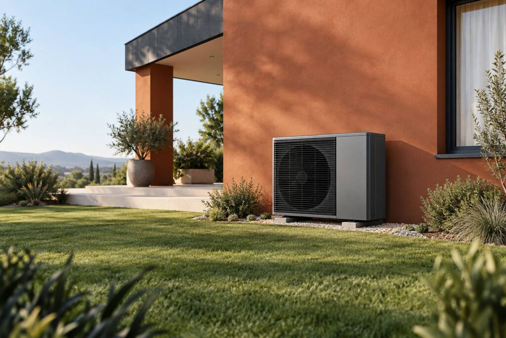 Pompe à chaleur monobloc extérieure installée contre le mur d'une maison