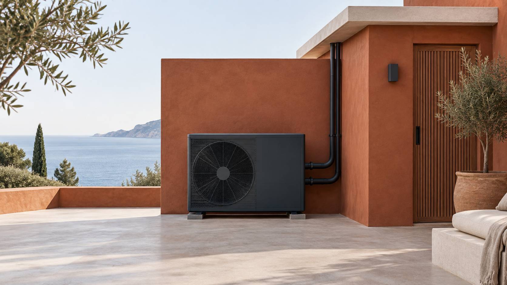 Pompe à chaleur monobloc extérieure installée contre le mur d'une maison