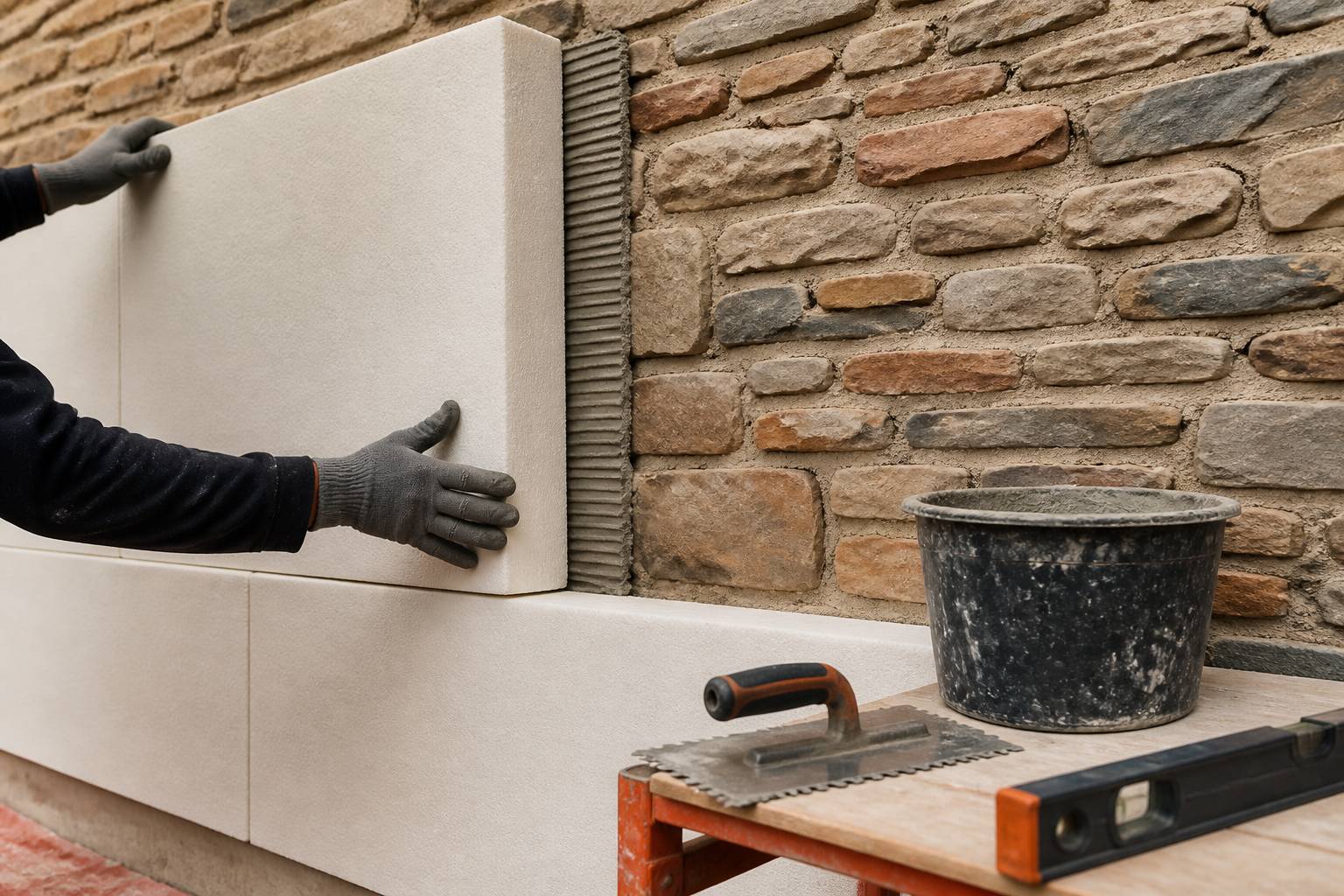 Artisan appliquant un panneau isolant sur un mur de façade avec mortier-colle