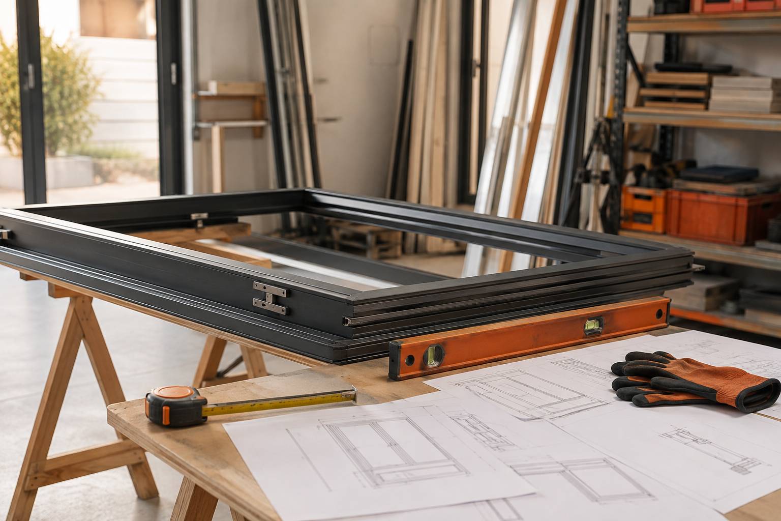 Profilé de porte-fenêtre en aluminium et outillage de pose dans un atelier