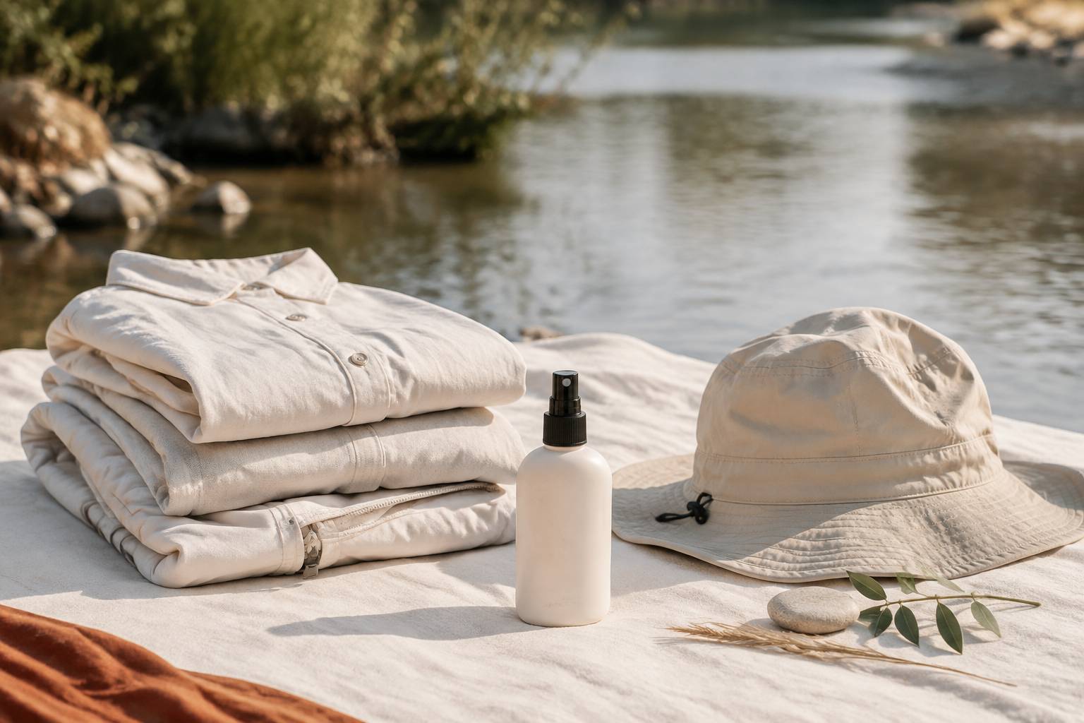 Vêtements clairs et répulsif posés au bord d'une rivière