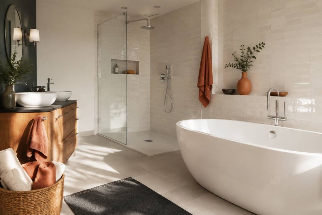 Salle de bains claire combinant baignoire îlot et douche à l'italienne avec carrelage et panière en osier