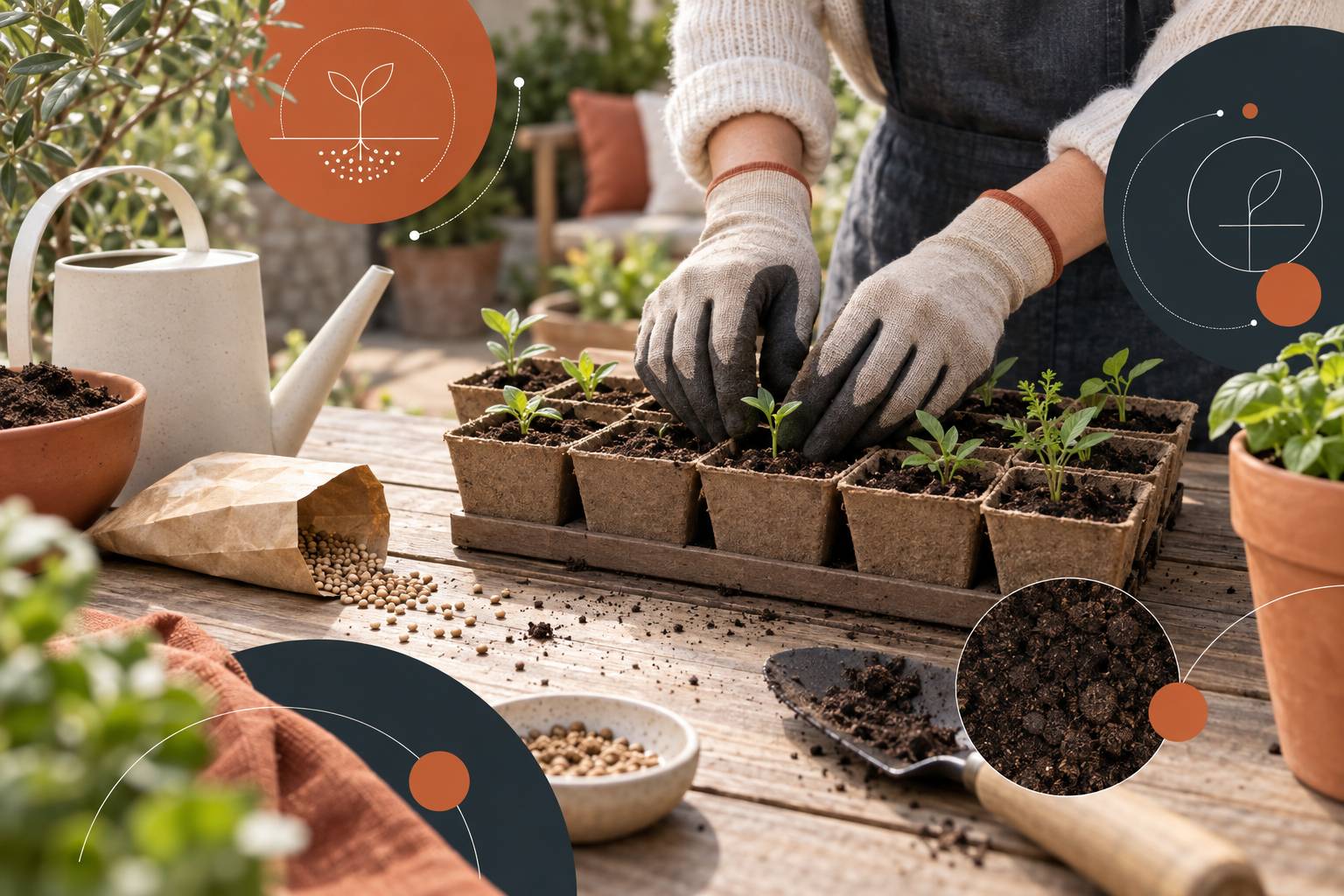 Vue large sur des godets de semis alignés sur une table de jardin : terreau, godets de jeunes pousses, sachet 