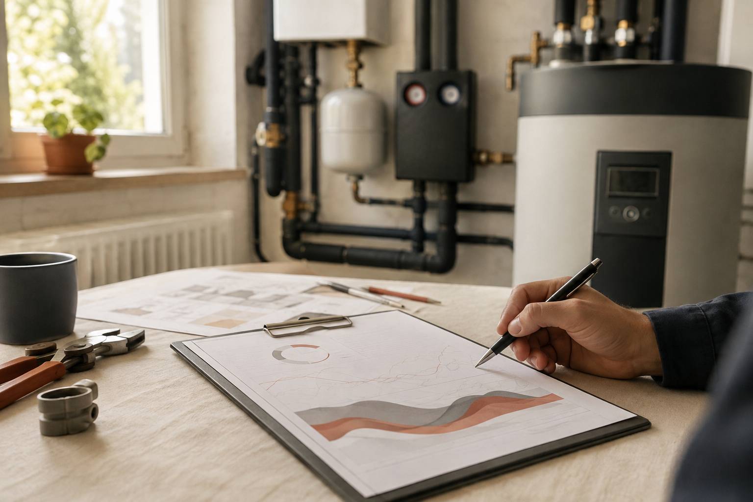 Main avec stylo sur un document de suivi de consommation énergétique