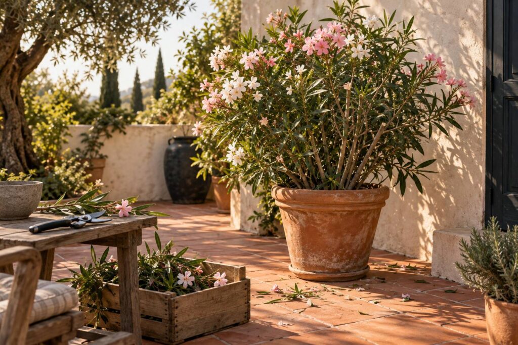 Laurier-rose fleuri en pot sur terrasse avec sécateur et rameaux coupés
