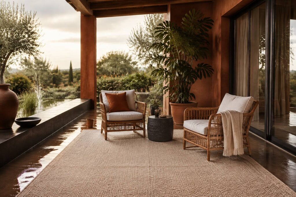 Terrasse couverte avec tapis d'extérieur résistant à la pluie, fauteuils en rotin et plante verte