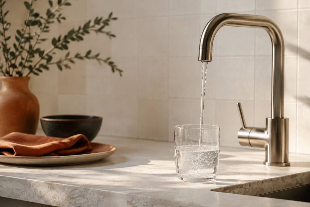 Verre d'eau claire rempli au robinet d'une cuisine sur un plan de travail en pierre claire
