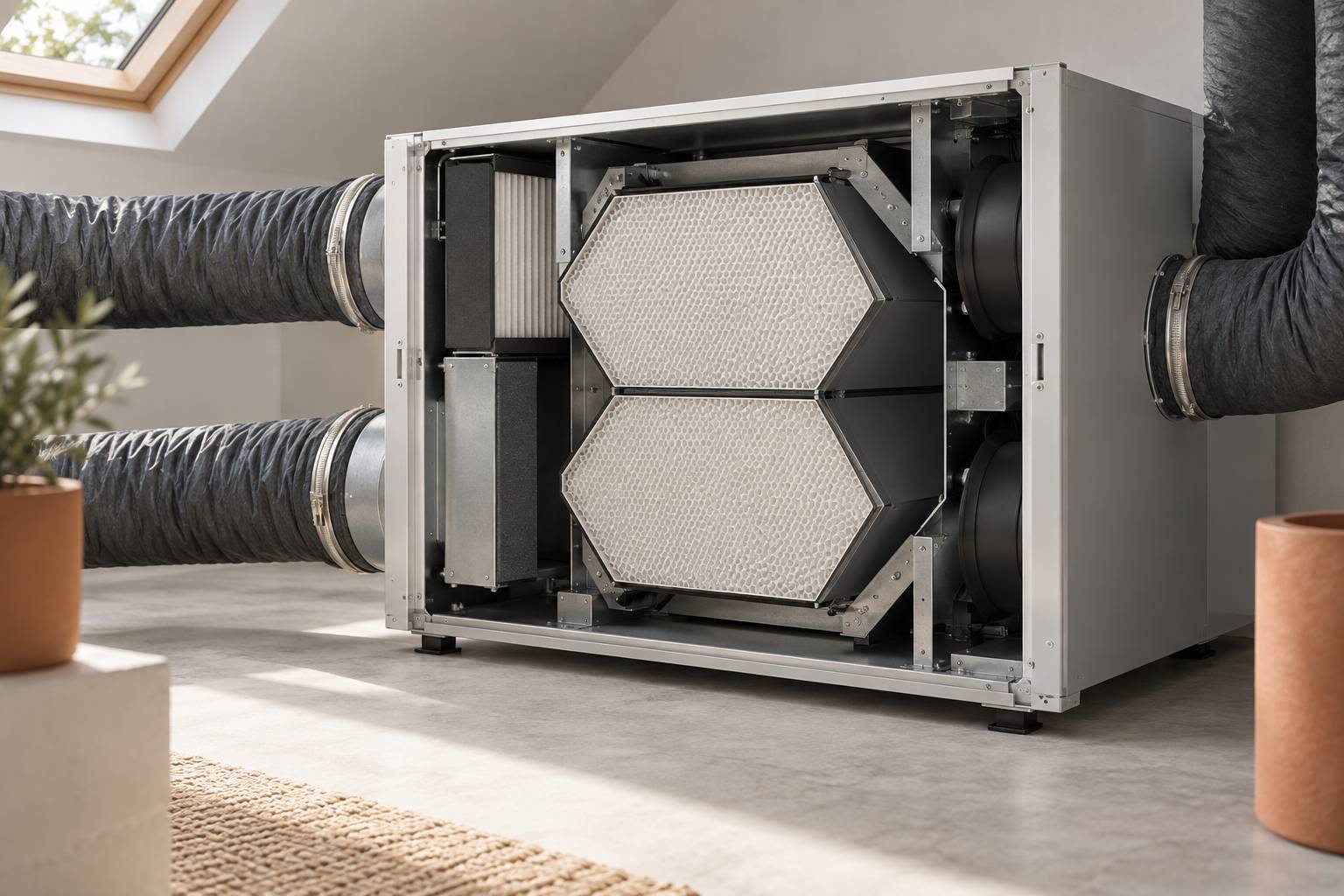 Echangeur de VMC double flux ouvert avec blocs de filtration en nid d'abeille