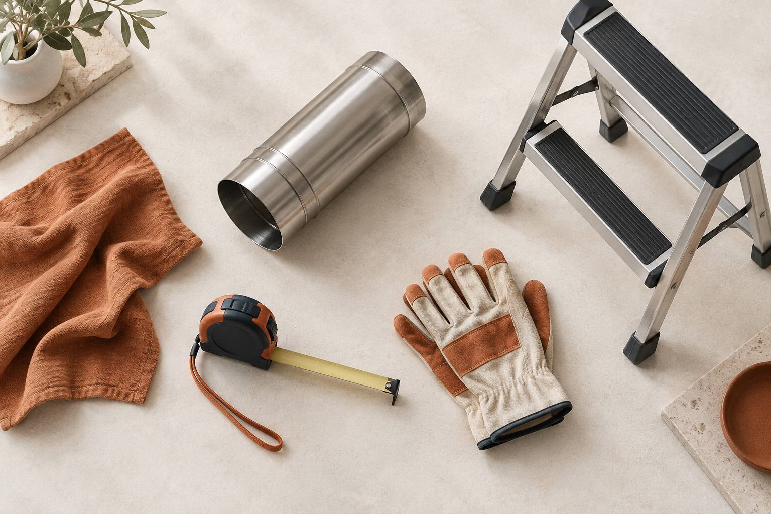 Section de gaine inox et mètre ruban sur un plan de travail