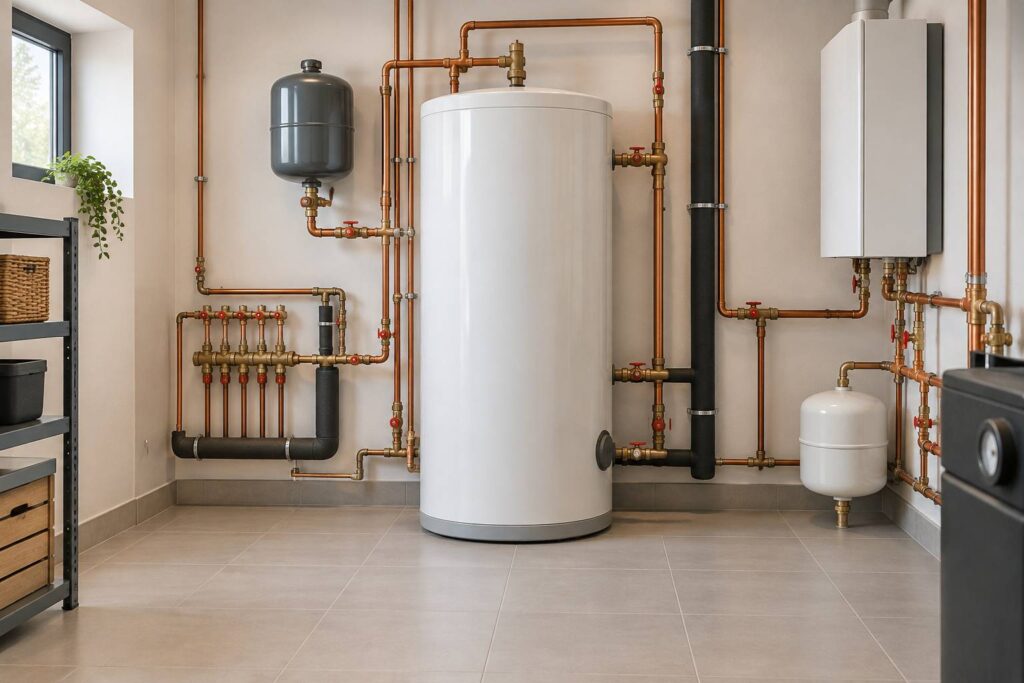 Chaufferie propre avec ballon d'eau chaude blanc et tuyaux isoles