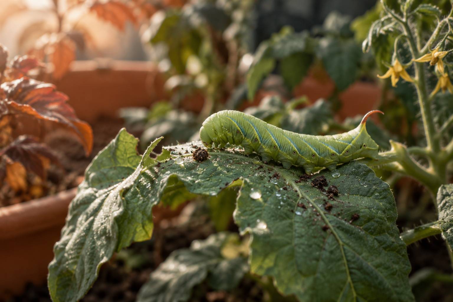 Chenille verte a corne recourbee sur une feuille de tomate au potager